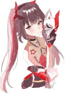 1girl absurdres bare_shoulders bell black_gloves blush brown_hair butterfly-shaped_pupils choker commentary fox_mask gloves hair_ornament highres honkai:_star_rail honkai_(series) japanese_clothes looking_at_viewer makeup mask mimiliaa simple_background smile sparkle_(honkai:_star_rail) symbol-only_commentary symbol-shaped_pupils twintails