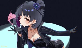1girl absurdres black_gloves black_hair black_jacket black_shirt black_skirt blowing_kiss blush breasts brown_eyes cleavage commentary_request dated flower gloves hair_bun hair_flower hair_ornament heart highres idolmaster idolmaster_million_live! idolmaster_million_live!_theater_days jacket jewelry leaning_forward leather leather_jacket long_sleeves looking_at_viewer miniskirt nakatani_iku necklace one_eye_closed open_clothes open_jacket sexy_spy_(idolmaster) shirt short_hair single_hair_bun single_side_bun skirt small_breasts solo spotlight strapless strapless_shirt sweat tomber