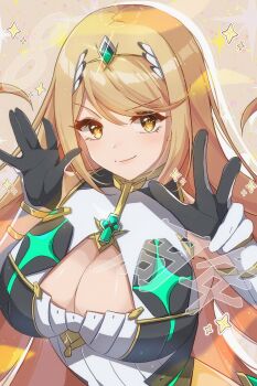 Rule 34 | blonde hair, breasts, chest jewel, cleavage, cleavage cutout, closed mouth, clothing cutout, commentary request, core crystal (xenoblade), dress, eyelashes, highres, large breasts, looking at viewer, mythra (xenoblade), smile, sparkle, tiara, upper body, white dress, xenoblade chronicles (series), xenoblade chronicles 2, yellow eyes, zer00han