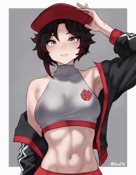 1girl abs absurdres bare_shoulders beret black_hair bluefield blush breasts grey_eyes grin hat highres jacket looking_at_viewer medium_breasts midriff navel off_shoulder ruby_rose rwby short_hair smile solo toned