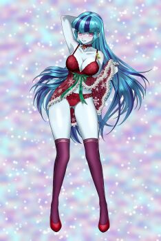 Rule 34 | 1girl, :d, arm behind head, arm up, armpits, babydoll, bare arms, bare shoulders, bell, blue eyeshadow, blue hair, blue lips, blue skin, blush, breasts, choker, cleavage, colored skin, commission, contrapposto, equestria girls: rainbow rocks, eyeshadow, frilled choker, frills, full body, gluteal fold, green ribbon, grey background, grin, hair down, hand up, highres, jingle bell, lace, lace-trimmed babydoll, lace-trimmed panties, lace babydoll, lace panties, lace trim, legs apart, light particles, lingerie, long hair, makeup, medium breasts, multicolored hair, my little pony, my little pony: equestria girls, my little pony: friendship is magic, nail polish, neck bell, open mouth, over-kneehighs, panties, pink eyes, purple hair, purple thighhighs, red babydoll, red choker, red nails, red panties, red shoes, ribbon, ribbon choker, riley av, shoes, sidelocks, simple background, skindentation, smile, solo, sonata dusk, sonata dusk (human), standing, streaked hair, tareme, thighhighs, two-tone hair, underwear, v-bangs, very long hair