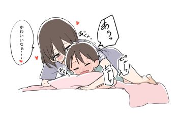 1boy 1girl age_difference blush brother_and_sister brown_eyes brown_hair closed_eyes ganaishoten hetero implied_ejaculation incest looking_at_another lying masturbation on_stomach onee-shota open_mouth original pillow short_hair shota siblings simple_background speech_bubble translated white_background