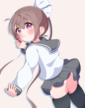 1girl ahoge black_thighhighs blush brown_hair fang from_behind grey_skirt hair_ribbon loli long_hair long_sleeves looking_at_viewer looking_back momochi_tamate pink_eyes r245 ribbon school_uniform shirt skirt slow_start smile standing striped_background thick_thighs thighhighs thighs twintails white_background white_ribbon white_shirt wind wind_lift