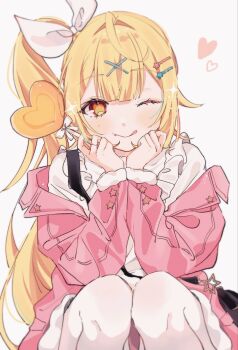 1girl :p ahoge blonde_hair blush candy cowboy_shot food frills hair_ornament hair_ribbon hairclip hands_on_own_cheeks hands_on_own_face heart heart-shaped_food heart-shaped_lollipop heart_hair_ornament heterochromia highres holding holding_candy holding_food holding_lollipop hoshikawa_sara jacket lollipop long_hair looking_at_viewer nijisanji one_eye_closed orange_eyes parallel_hairclips pink_jacket ribbon shaped_lollipop shiratamamaru side_ponytail simple_background sitting smile solo squatting star_(symbol) star_hair_ornament star_print tongue tongue_out virtual_youtuber white_background white_ribbon x_hair_ornament yellow_eyes