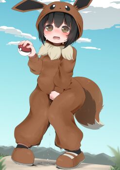 1girl absurdres animal_ears black_hair blush brown_eyes cosplay crying crying_with_eyes_open eevee eevee_(cosplay) eevee_ears eevee_tail embarrassed fake_animal_ears fake_tail female_focus flat_chest gen_1_pokemon highres knees_together_feet_apart loli long_sleeves nintendo open_mouth osippotail pee peeing peeing_self poke_kid_(pokemon) pokemon pokemon_swsh pokemon_tail puddle sweat tail tears wet wet_clothes