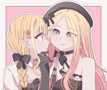 2girls bare_shoulders black_bow black_dress black_gloves blonde_hair bow braid commentary dress elbow_gloves fujita_kotone gakuen_idolmaster gloves hair_bow hand_on_another&#039;s_chin highres idolmaster juo_sena kousaka_0v0 licking_lips long_hair looking_at_another multiple_girls orange_eyes outline pink_background pink_streaks purple_eyes sweat tongue tongue_out twin_braids white_outline yuri