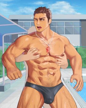 Rule 34 | 2boys, abs, age difference, armpit hair, bara, behind another, black male swimwear, brown hair, building, bulge, chain-link fence, chest hair, clenched hand, collarbone, commentary request, cowboy shot, day, facial hair, fence, flaccid, goatee, grabbing from behind, groping, highres, kode65851125, lanyard, leg hair, lifeguard, male focus, male swimwear, multiple boys, muscular, muscular male, navel hair, nipple stimulation, nipple tweak, nipples, one eye closed, open mouth, original, outdoors, pectoral grab, pectorals, pool, poolside, short hair, sideburns, size difference, solo focus, spiked hair, standing, swim briefs, thick eyebrows, tile floor, tiles, topless male, trembling, twitching penis, wet, whistle, whistle around neck, wince, yaoi