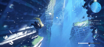 1girl absurdres artist_name asteroid_ill black_boots black_dress blonde_hair boots bubble commentary cornea_(asteroid_ill) dress fish highres long_hair minimap ocean original overgrown rubble ruins solo submerged sunlight swimming underwater user_interface very_long_hair wet wet_hair