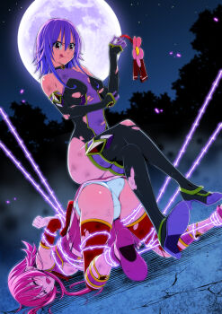 2girls :p absurdres abuse arm_up arms_behind_back back_bow bad_end bdsm beaten blush bondage boots bound bound_ankles bound_arms bound_legs bound_wrists bow breasts brooch bruise bruise_on_face catfight character_request choker closed_eyes clover_rose crossed_legs cuts defeat detached_sleeves dirty dirty_clothes dress elbow_gloves fighting full_moon gloves hairband hand_on_own_arm highres immobilization injury jewelry koeda0111 lace lace-trimmed_dress lace_trim leotard licking licking_lips lying magical_girl miniskirt moon multicolored_dress multicolored_leotard multicolored_skirt multiple_girls night on_ground open_mouth original outdoors pain panties pantyshot pink_boots pink_dress pink_hair pink_skirt pleated_skirt punishment purple_hair red_hairband restrained rope rug_beater ryona sadism scratches short_dress short_hair_with_long_locks sidelocks sitting sitting_on_person skirt sky sleeveless sleeveless_dress smile spread_legs star_(sky) starry_sky thigh_boots thighhighs tongue tongue_out top-down_bottom-up torn torn_clothes torn_dress torn_leotard torn_skirt torn_thighhighs torture tree underwear utsugi_chisaki violence white_panties yotsuba_no_senki_clover_rose