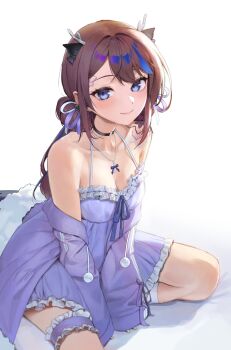 1girl absurdres airi_kanna bare_shoulders between_legs black_choker blue_eyes breasts brown_hair choker cleavage closed_mouth dragon_horn frilled_thigh_strap halterneck hand_between_legs highres jacket jewelry laza_(0ldsong) long_hair looking_at_viewer medium_breasts necklace nightgown off_shoulder purple_jacket purple_nightgown simple_background smile solo spaghetti_strap stellive thigh_strap virtual_youtuber white_background