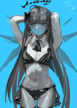 360_(taiyo360) absurdres animal_print arknights armpits arms_behind_head arms_up bikini black_bikini black_bra black_hair black_panties black_thighhighs blue_background blunt_bangs bra cat_panties cat_print hair_ribbon halo highres hime_cut long_hair monochrome navel necktie panties print_panties ribbon simple_background swimsuit thighhighs underwear very_long_hair virtuosa_(arknights) wings