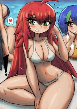 ! 3girls absurdres ahoge bikini black_bikini black_hair blue_hair blush breasts character_request cleavage collarbone green_eyes green_hair grin head_rest heart high_school_dxd highres large_breasts long_hair looking_at_viewer multicolored_hair multiple_girls navel orange_bikini pool red_hair rias_gremory short_hair sitting smile sparkle speech_bubble spoken_heart streaked_hair swimsuit teeth thick_thighs thighs tony_welt water white_bikini wide_hips xenovia_quarta yellow_eyes