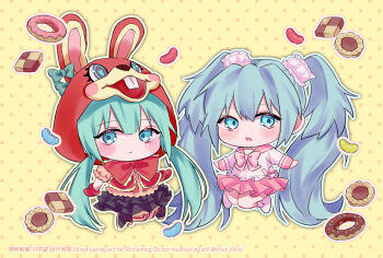 Rule 34 | 2girls, alternate costume, animal ears, animal hood, black boots, black skirt, blue eyes, blue hair, blush stickers, boots, bow, bubble skirt, buck teeth, candy, checkerboard cookie, chibi, chibi only, chocolate donut, commentary request, cookie, deformed, dessert, donut, expressionless, fake animal ears, food, frilled bow, frilled skirt, frills, gloves, hair ornament, hair scrunchie, hatsune miku, highres, hood, jelly bean, kinoshita aki, knees together feet apart, large bow, long hair, multiple girls, multiple persona, no nose, open mouth, orange background, outline, pantyhose, pink bow, pink gloves, pink pantyhose, pink serafuku, pink skirt, polka dot, polka dot background, puffy short sleeves, puffy sleeves, rabbit ears, rabbit hood, school uniform, scrunchie, serafuku, short sleeves, skirt, sprinkles, striped clothes, striped pantyhose, sweets, teeth, twintails, two-tone background, two-tone pantyhose, vertical-striped clothes, vertical-striped pantyhose, vocaloid, watermark, white outline, white pantyhose, yellow background