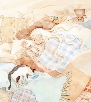 1girl artist_name bed blanket book cat chyoma closed_eyes closed_mouth commentary_request hair_spread_out highres hugging_object indoors long_hair lying mole mole_under_eye on_bed on_side original painting_(medium) pillow pillow_hug round_eyewear sleeping solo stuffed_animal stuffed_rabbit stuffed_toy traditional_media under_covers unworn_eyewear very_long_hair watercolor_(medium) white_hair
