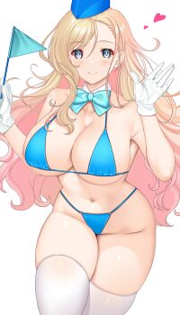 1girl aqua_bow aqua_bowtie bare_shoulders bikini blonde_hair blue_bikini blue_eyes blue_hat blush bow bowtie breasts cleavage closed_mouth collarbone cowboy_shot detached_collar flag gloves gradient_hair groin hat hataraki_kuma heart highres holding large_breasts long_hair looking_at_viewer micro_bikini multicolored_hair navel original pink_hair simple_background smile solo swimsuit thighhighs very_long_hair white_background white_gloves white_thighhighs