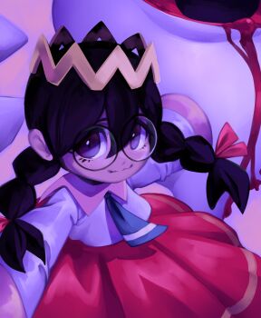 Rule 34 | 1girl, black hair, bleeding, blood, bow, braid, crown, hair bow, highres, kirby (series), kirby 64, long hair, looking at viewer, low twin braids, nintendo, one-eyed, purple eyes, red bow, red eyes, ripple star queen, smile, stardust-dreamii, twin braids, zero two (kirby)