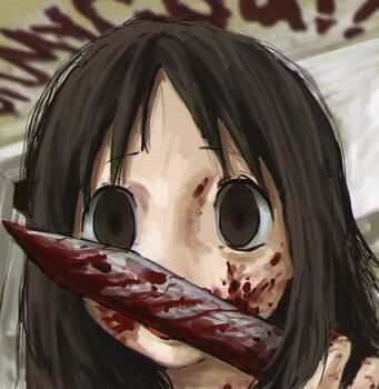 Rule 34 | 1girl, azumanga daiou, blood, blood on face, bloody knife, bloody weapon, brown eyes, brown hair, holding, holding knife, kasuga ayumu, knife, looking at viewer, portrait, ranm12s, solo, weapon