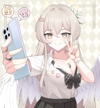 Rule 34 | 1girl, alternate costume, angel wings, black ribbon, black skirt, blue archive, breasts, chibi, chibi inset, cleavage, flower, grey hair, gyaru, hair flower, hair ornament, halo, highres, holding, holding phone, kurochomo, large breasts, looking at viewer, mika (blue archive), nagisa (blue archive), phone, ribbon, school uniform, seia (blue archive), selfie, skirt, solo, torso, v, video call, wings, yellow eyes