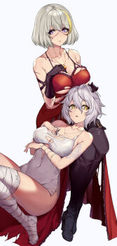 2girls absurdres arm_strap bandaged_leg bandages bare_shoulders black_footwear black_gloves blonde_hair boots breasts buckle choker cleavage closed_mouth code_vein collarbone commentary_request covered_navel dress elbow_gloves eva_roux frilled_dress frills full_body gloves grey_hair hair_between_eyes hand_on_another's_head hand_on_own_chest highres io_(code_vein) jewelry large_breasts looking_at_viewer multicolored_hair multiple_girls necklace panye parted_lips red_dress scar scar_on_face short_dress simple_background sitting sleeveless sleeveless_dress smile streaked_hair thigh_boots thighhighs torn_clothes torn_dress two-tone_hair underboob white_background white_choker white_dress yellow_eyes