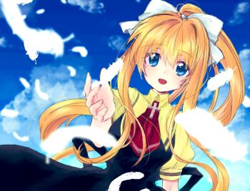 Rule 34 | 1girl, air (visual novel), ascot, black dress, blonde hair, blue eyes, blush, brooch, collared shirt, cross brooch, day, dress, falling feathers, feathers, hair between eyes, hair ribbon, jewelry, kamio misuzu, long hair, looking at viewer, matarou (3kaku), open mouth, ponytail, puffy short sleeves, puffy sleeves, reaching, red ascot, ribbon, school uniform, shirt, short sleeves, sidelocks, single hair intake, sky, smile, solo, very long hair, white ribbon, yellow shirt