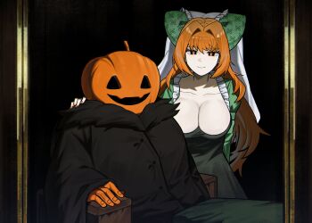 Rule 34 | 1boy, 1girl, arm behind back, asdf1211950, black coat, black jacket, black souls, black souls 2, bow, breasts, brown eyes, brown hair, chair, cleavage, closed mouth, coat, collarbone, colored skin, dress, fingernails, frills, fur trim, green dress, hair bow, hair intakes, halloween, hand on another's shoulder, highres, jack-o'-lantern, jacket, large breasts, long hair, long sleeves, looking at viewer, margaret von tyrol (black souls), orange hair, orange nails, orange skin, pumpkin, pumpkin-o' (black souls), pumpkin head, robe, sitting, smile, upper body, veil, very long hair