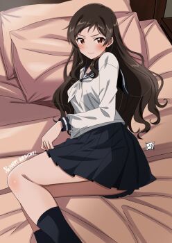 1girl :> bed_sheet black_hair black_sailor_collar black_skirt black_socks blush brown_eyes closed_mouth commentary_request dated dot_nose feet_out_of_frame happy_birthday highres idolmaster idolmaster_million_live! idolmaster_million_live!_theater_days indoors kitazawa_shiho long_hair long_sleeves looking_at_viewer lying neckerchief on_bed on_side parted_bangs pillow pleated_skirt ponpon sailor_collar school_uniform serafuku shy sidelocks signature skirt socks solo sweat v-shaped_eyebrows wavy_hair white_neckerchief white_serafuku