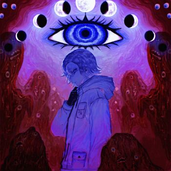 1boy aotsuki_eito black_gloves blue_eyes breast_pocket chinese_commentary clothes_tug crescent_moon disembodied_eye eldritch_abomination extra_eyes from_side full_moon gibbous_moon glasses gloves grey_hair half_moon hand_up highres jacket jacket_tug looking_at_viewer male_focus moon moon_phases new_moon niaofuyan pocket short_hair solo_focus spoilers the_hundred_line_-last_defense_academy- white_jacket
