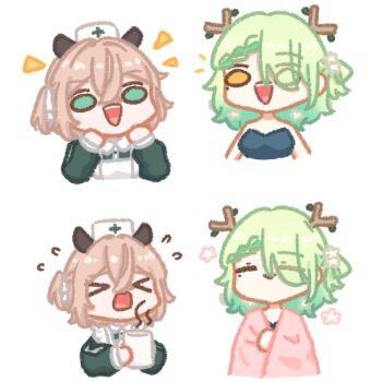 &gt;_&lt; 2girls ^_^ animal_ears apron aqua_eyes aqua_hair blanket braid branch ceres_fauna closed_eyes cup english_text hair_ribbon hat highres hololive hololive_english indie_virtual_youtuber long_hair medium_hair mole mole_under_eye mug multiple_girls nimi_nightmare nurse_cap open_mouth ribbon sappysque side_ponytail smile tapir_ears virtual_youtuber voice_actor_connection yellow_eyes