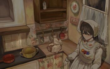 1girl aegyo_sal apron bonnet bottle brown_eyes brown_hair cake cleaver cooking_pot counter curtains dress elbow_rest exhausted food from_above highres indoors intestines_filled kitchen leaning_back mei_mezu organs original photo_(object) scenery shelf short_hair solo tile_wall tiles upper_body white_dress window