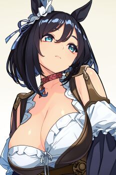 Rule 34 | 1girl, absurdres, animal ears, black hair, blue eyes, breasts, cleavage, collarbone, commentary request, ear ornament, eishin flash (meisterschaft) (umamusume), eishin flash (umamusume), highres, horse ears, horse girl, large breasts, looking to the side, looking up, off shoulder, reibun (raven1119), short hair, solo, umamusume