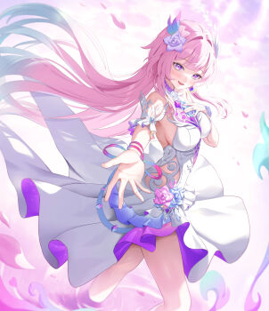 1girl absurdres armlet bare_shoulders blue_hair blush bracelet breasts commentary cyrene_(honkai:_star_rail) cyrene_(ripples_of_past_reverie)_(honkai:_star_rail) diamond-shaped_pupils diamond_(shape) dress flower gradient_hair hair_flower hair_ornament hand_on_own_chest highres honkai:_star_rail honkai_(series) jewelry kesa_pasa large_breasts long_hair looking_at_viewer multicolored_hair nail_polish offering_hand open_mouth pink_hair pink_nails pink_petals purple_eyes purple_flower smile solo symbol-shaped_pupils white_dress