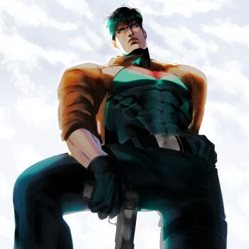 1boy absurdres bat_signal batman_(series) batman_symbol black_bodysuit black_gloves black_hair blue_eyes bodysuit brown_jacket covered_abs dc_comics from_below gloves grey_bodysuit highres jacket jason_todd kmz_08 large_pectorals male_focus multicolored_bodysuit muscular muscular_male open_clothes pants pectorals red_hood_(dc) red_hood_and_the_outlaws short_hair superhero_costume taut_bodysuit two-tone_bodysuit