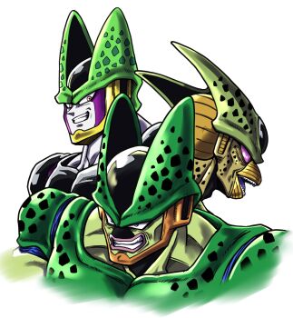 Rule 34 | 3boys, alternate form, beak, blue eyes, cell (dragon ball), colored sclera, colored skin, colored tongue, commentary, cropped shoulders, dragon ball, dragonball z, evil grin, evil smile, forehead jewel, green skin, grin, highres, imperfect cell, lips, looking at viewer, multiple boys, muscular, muscular male, no humans, open mouth, perfect cell, pink eyes, pink sclera, purple tongue, semi-perfect cell, sharp teeth, shinomiya akino, simple background, smile, spotted skin, teeth, thick lips, white background, white skin