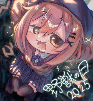 Rule 34 | 1girl, 2025, black thighhighs, blue bow, blue bowtie, blue skirt, blush, bow, bowtie, brown eyes, brown hair, brown sweater, collared shirt, commentary request, full body, hair ornament, hairclip, highres, long sleeves, looking at viewer, manatsu no yo no inmu, melanin shikiso, meme, open mouth, original, pleated skirt, shirt, short hair, skirt, smile, solo, sweater, thighhighs, translation request, white shirt, yjsnpi interview (meme)