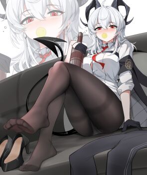 1girl ahoge black_gloves black_horns black_pants black_pantyhose black_shoes black_tail blowing_bubble_gum bottle breasts button_gap chest_harness chewing_gum chinese_commentary collared_shirt commentary_request couch curled_horns demon_tail earrings fengqun gloves hair_between_eyes harness high_heels highres holding holding_bottle horns jewelry key_earrings large_breasts long_hair looking_at_viewer multicolored_hair necktie no_shoes on_couch panties panties_under_pantyhose pants pantyhose partial_commentary red_eyes red_necktie shirt shoes sitting solo streaked_hair tail thighband_pantyhose toes underwear unworn_pants unworn_shoes white_hair white_panties white_shirt wuthering_waves zani_(wuthering_waves) zoom_layer