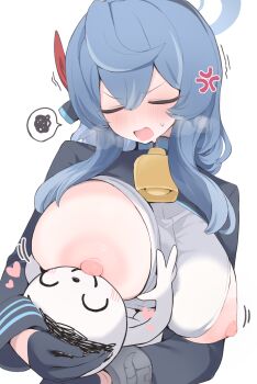1boy 1girl ako_(blue_archive) anger_vein bell between_breasts black_gloves black_jacket blue_archive blue_hair blue_halo blush breasts closed_eyes clothes_between_breasts commentary cowbell doodle_sensei_(blue_archive) fan_request gloves halo highres hone_kawa huge_breasts jacket long_hair long_sleeves neck_bell nipples open_mouth sensei_(blue_archive) shirt sideless_shirt simple_background solo speech_bubble spoken_squiggle squiggle white_background white_shirt