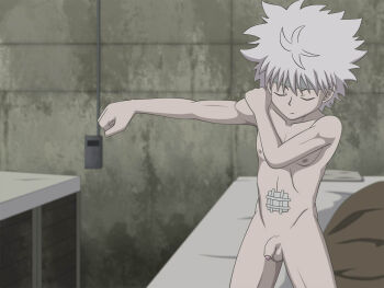 1boy anime_screenshot artist_request closed_eyes foreskin hand_on_own_shoulder hunter_x_hunter killua_zoldyck male_focus nipples penis short_hair shota solo third-party_edit white_hair