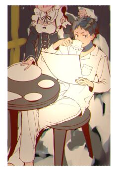 1boy 1girl apron black_hair black_ribbon border breast_pocket breasts cleavage crossed_legs cup detached_sleeves drinking head_out_of_frame highres hikimori_hikiko holding holding_cup long_sleeves looking_at_viewer maid natsuki_subaru pants paper pink_hair plate pocket ram_(re:zero) re:zero_kara_hajimeru_isekai_seikatsu ribbon roswaal_mansion_maid_uniform shirt short_hair sitting table teacup white_pants white_shirt
