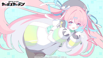 1girl 2025 aqua_eyes aqua_ribbon artist_request black_hat black_pantyhose blush copyright_logo copyright_name copyright_notice green_jacket hair_ornament hair_ribbon hairpin hat headphones headphones_around_neck jacket logo long_hair looking_at_viewer multicolored_jacket muv-luv muv-luv_girls_garden official_art open_mouth pantyhose pink_hair ribbon sienna_clark solo two_side_up white_jacket white_ribbon
