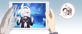 absurdres black_choker black_hairband black_shirt blue_archive braid choker commentary_request doodle_sensei_(blue_archive) finger_counting fuhao10708 ghost grey_eyes hair_over_one_eye hairband heart highres long_hair phrenapates_(blue_archive) plana_(blue_archive) pov pov_hands sailor_collar sensei_(blue_archive) shirt side_braid smile white_hair white_sailor_collar