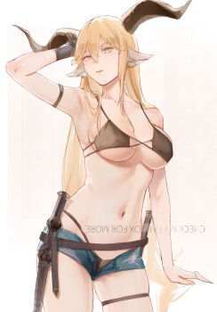 1girl alternate_costume animal_ears arknights arm_behind_head arm_strap arm_up armpits bigfootlalafell bikini blonde_hair blue_shorts breasts brown_bikini brown_horns chromatic_aberration contrapposto cowboy_shot curled_horns degenbrecher_(arknights) hair_between_eyes highres horns large_breasts long_hair looking_at_viewer micro_shorts navel open_fly paid_reward_available shorts solo standing strap swimsuit thigh_strap upside-down_text watermark yellow_eyes