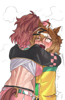 2girls absurdres ahoge animal_ears belt breasts brown_hair clothing_cutout commentary_request dantsu_flame_(center_spotlight)_(umamusume) dantsu_flame_(umamusume) ear_covers fukuro_(maruaru00) heavy_breathing highres horse_ears horse_girl horse_tail horseshoe_ornament hug jacket jungle_pocket_(champion's_battle_cry)_(umamusume) jungle_pocket_(umamusume) large_breasts long_sleeves medium_hair midriff multicolored_hair multiple_girls muscular muscular_female notched_ear simple_background streaked_hair tail tail_through_clothes umamusume white_background white_hair yellow_eyes yellow_jacket