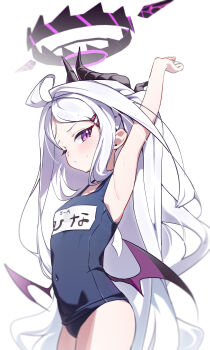 1girl absurdres ahoge black_halo blue_archive blue_one-piece_swimsuit breasts cowboy_shot demon_girl demon_horns demon_wings halo highres hina_(blue_archive) hina_(swimsuit)_(blue_archive) horns loli long_hair looking_at_viewer low_wings name_tag official_alternate_costume old_school_swimsuit one-piece_swimsuit one_eye_closed parted_bangs purple_eyes purple_wings school_swimsuit shanqianqian_377 simple_background small_breasts solo swimsuit white_background white_hair wings