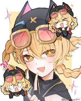 !? &gt;_&lt; 1girl animal_ear_headwear beanie black_gloves black_hat black_scarf blonde_hair blush blush_stickers braid braided_hair_rings commentary_request eyewear_on_head fake_animal_ears fang genshin_impact gloves hair_between_eyes hair_rings haru_sakura3915 hat highres jahoda_(genshin_impact) looking_at_viewer multiple_views open_mouth orange_eyes red-tinted_eyewear scarf star-shaped_pupils star_(symbol) symbol-shaped_pupils tinted_eyewear twitter_username yellow-framed_eyewear