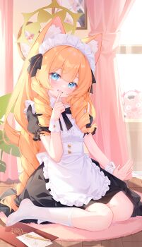 Rule 34 | 2girls, absurdres, akovo, animal ear fluff, animal ears, apron, black dress, blue archive, blue eyes, blush, cat ears, cat girl, commentary request, dress, drill hair, frilled apron, frills, hair between eyes, halo, highres, index finger raised, kneehighs, long hair, maid, maid apron, mari (blue archive), multiple girls, pantyhose, pen, puffy short sleeves, puffy sleeves, short sleeves, sitting, smile, socks, teeth, twin drills, very long hair, wariza, white apron, white pantyhose, white socks, white wrist cuffs, wrist cuffs, yellow halo