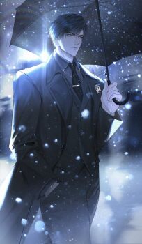 1boy black_coat black_hair black_necktie black_pants closed_mouth coat collared_shirt commentary_request cowboy_shot grey_shirt hair_between_eyes hand_in_pocket highres holding holding_umbrella long_coat love_and_deepspace male_focus necktie outdoors pants parted_bangs shirt short_hair solo tie_clip umbrella vest waistcoat walking wawwxxx zayne_(love_and_deepspace)