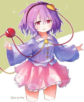 1girl :q ar_(maeus) blue_shirt buttons commentary_request cropped_legs floral_print floral_print_skirt frilled_shirt_collar frilled_skirt frills green_background hairband highres komeiji_satori long_sleeves looking_at_viewer pink_skirt print_skirt purple_hair red_eyes shirt short_hair simple_background skirt smile solo third_eye tongue tongue_out touhou twitter_username two-tone_background white_background wide_sleeves