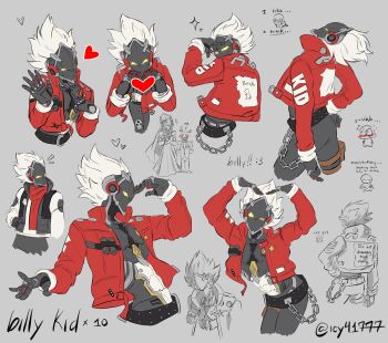 1boy abs alternate_costume android arms_up artist_name artist_self-insert belt billy_kid black_pants chain character_name dress english_text hand_on_own_face hands_up heart heart_hands highres holster icy41777 jacket male_focus open_clothes open_jacket pants red_jacket robot signature solo sparkle spiked_hair thigh_holster twitter_username wedding_dress white_hair yellow_eyes zenless_zone_zero