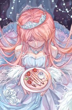 Rule 34 | 1girl, absurdres, bare shoulders, birthday, birthday cake, blue dress, blue gem, blunt bangs, breasts, brown eyes, cake, chinese commentary, circle skirt, cleavage, closed mouth, commentary request, cowboy shot, crown, dress, eyelashes, floating hair, flower, food, frilled dress, frills, from above, fur-trimmed dress, fur shawl, fur trim, gem, gown, hair floating upwards, happy, heart, heart print, highres, holding, holding plate, jewelry, light blush, light particles, lipstick, long dress, long hair, makeup, mianmian04147, necklace, nikki (nikki), nikki (series), one eye closed, pink hair, pink lips, plate, pleated dress, print dress, rose, shawl, smile, solo, strapless, strapless dress, textless version, very long hair, white flower, white rose, white shawl