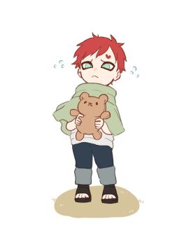 1boy :&lt; aged_down black_shoes child cloak closed_mouth commentary faux_figurine flying_sweatdrops frown full_body gaara_(naruto) green_cloak green_eyes heart heart_tattoo holding holding_stuffed_toy hotsandcoffee male_focus naruto_(series) pants red_hair sandals shoes short_hair solo stuffed_animal stuffed_toy symbol-only_commentary tattoo teddy_bear